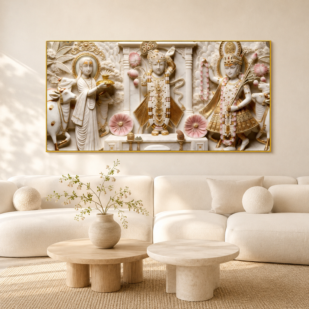 Artistic 3D Shrinathji Embossed Marble Canvas Frame Wall Decor Art