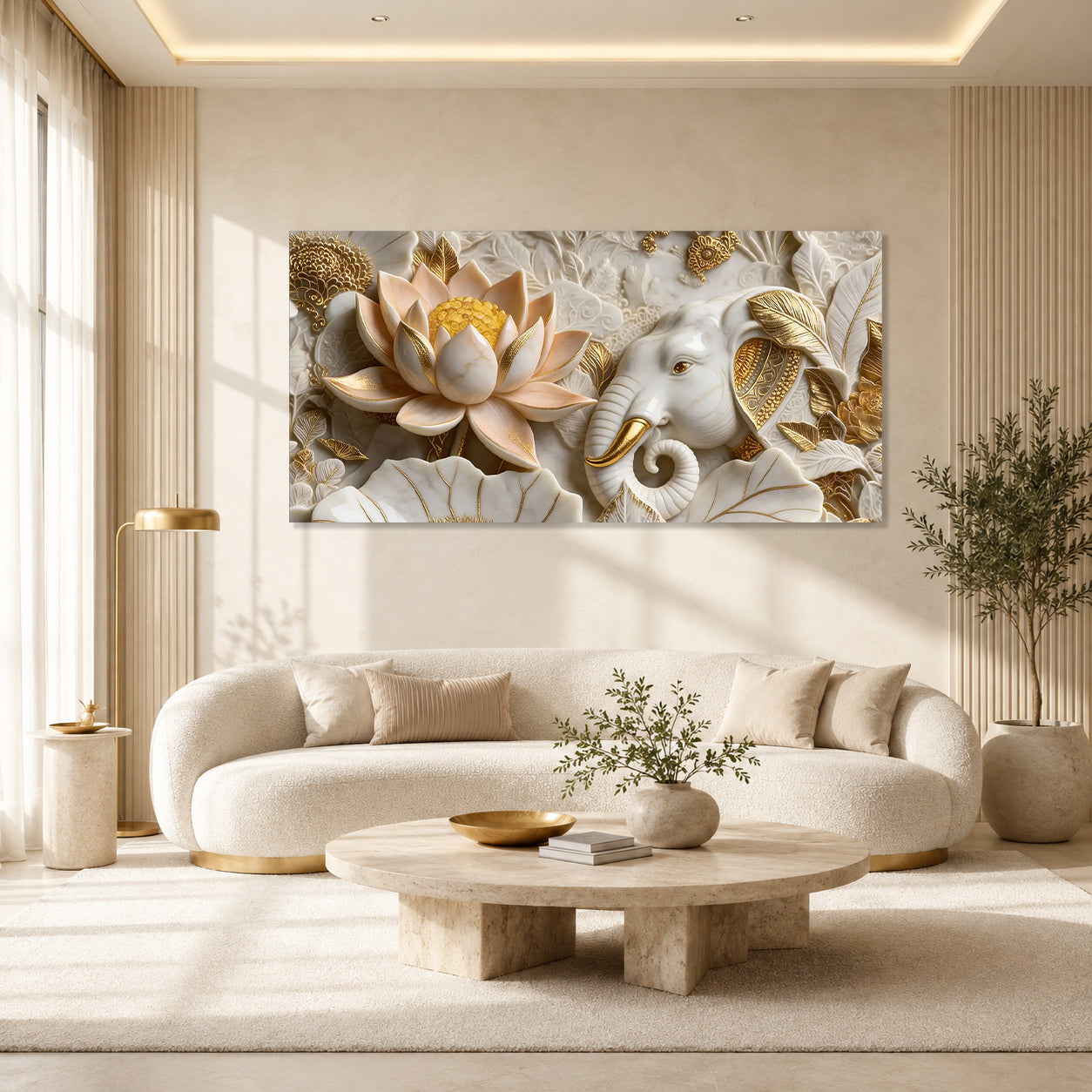 Luxury Golden Accent Elephant 3D Embossed Canvas Decor Frame Home