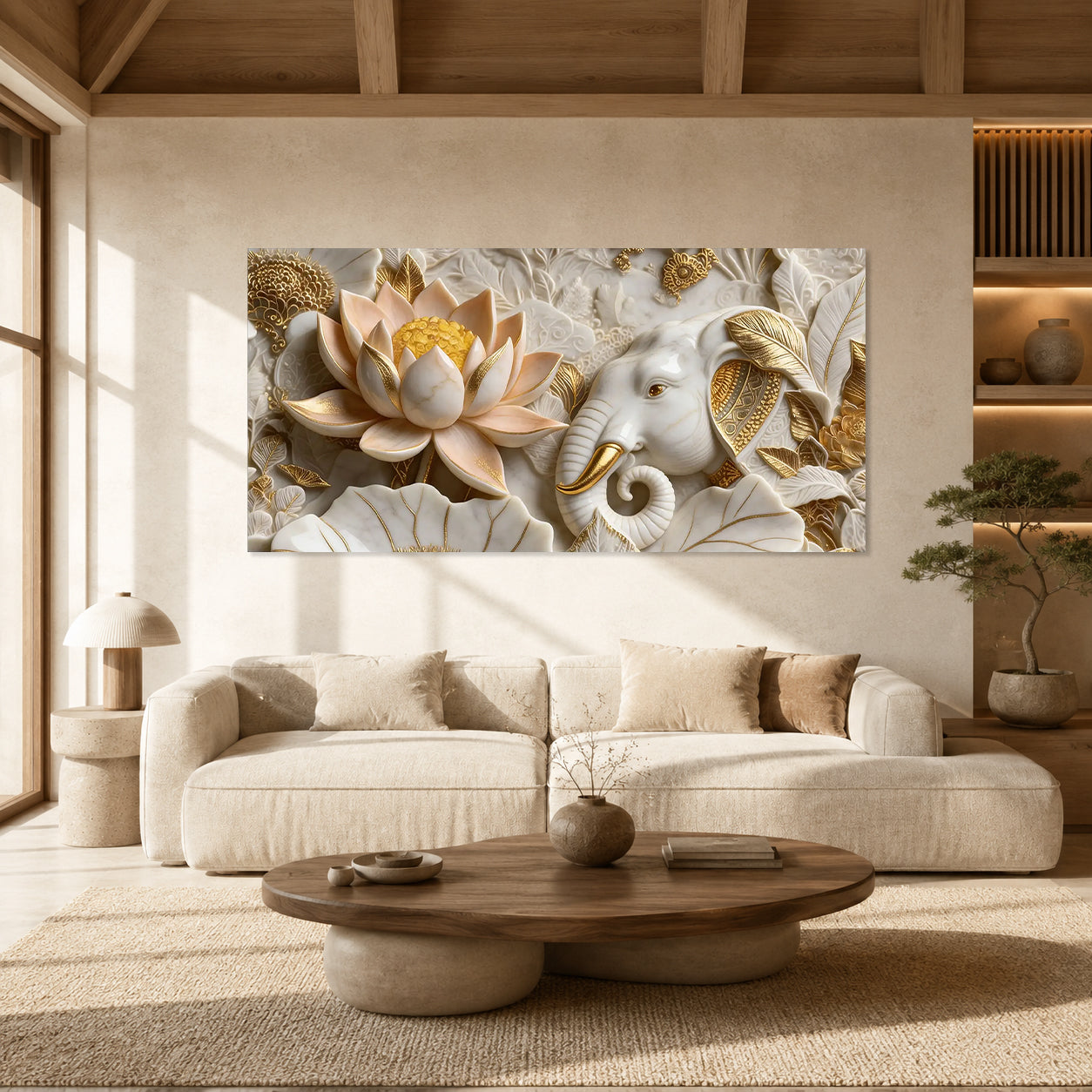 Luxury Golden Accent Elephant 3D Embossed Canvas Decor Frame Home