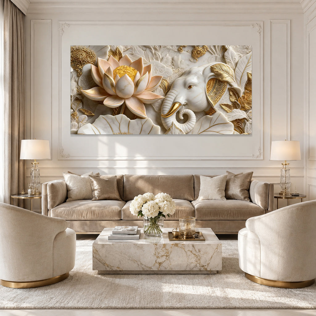 Luxury Golden Accent Elephant 3D Embossed Canvas Decor Frame Home