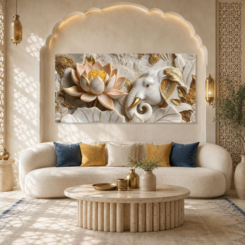 Luxury Golden Accent Elephant 3D Embossed Canvas Decor Frame Home