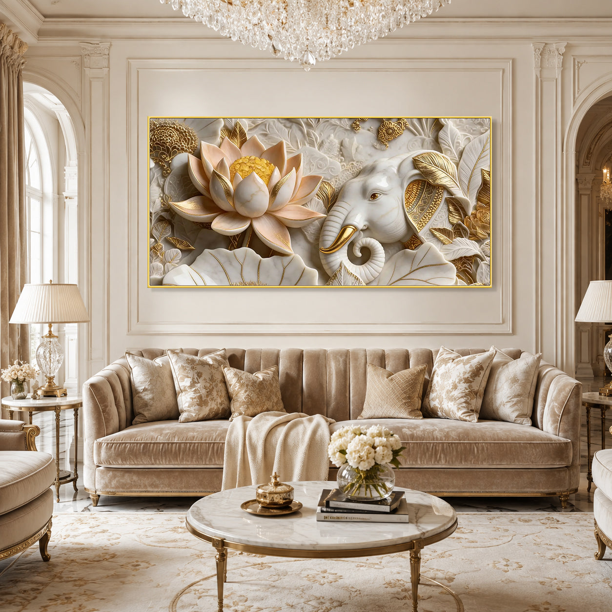 Luxury Golden Accent Elephant 3D Embossed Canvas Decor Frame Home