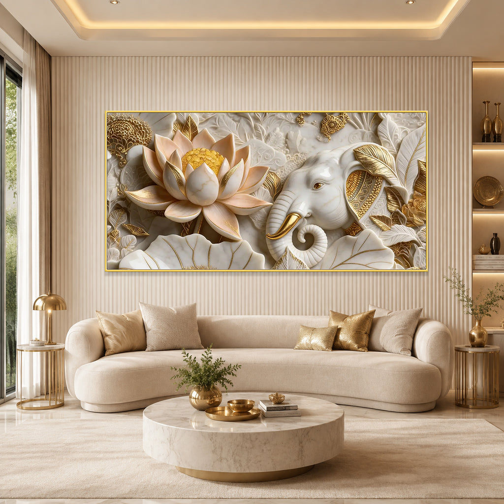Luxury Golden Accent Elephant 3D Embossed Canvas Decor Frame Home