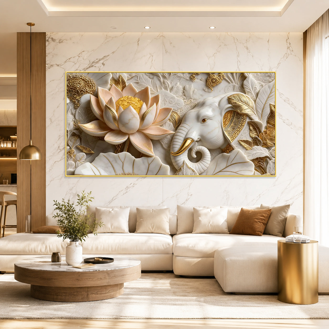 Luxury Golden Accent Elephant 3D Embossed Canvas Decor Frame Home