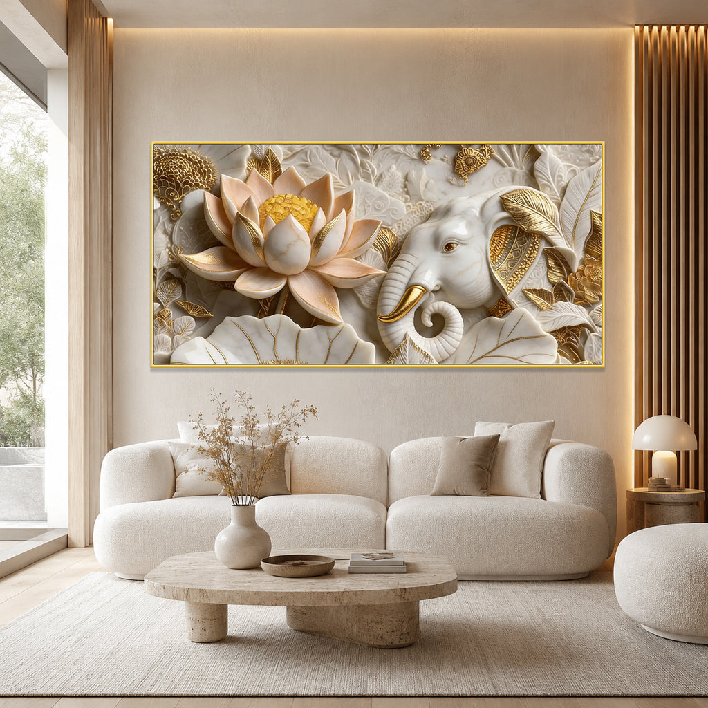 Luxury Golden Accent Elephant 3D Embossed Canvas Decor Frame Home