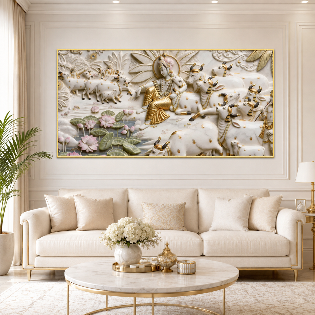 Divine 3D Krishna Cow Painting – Sacred Cows, Lotus Flowers & Gold Embossed Artwork