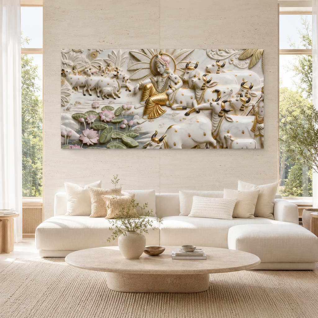 Divine 3D Krishna Cow Painting – Sacred Cows, Lotus Flowers & Gold Embossed Artwork