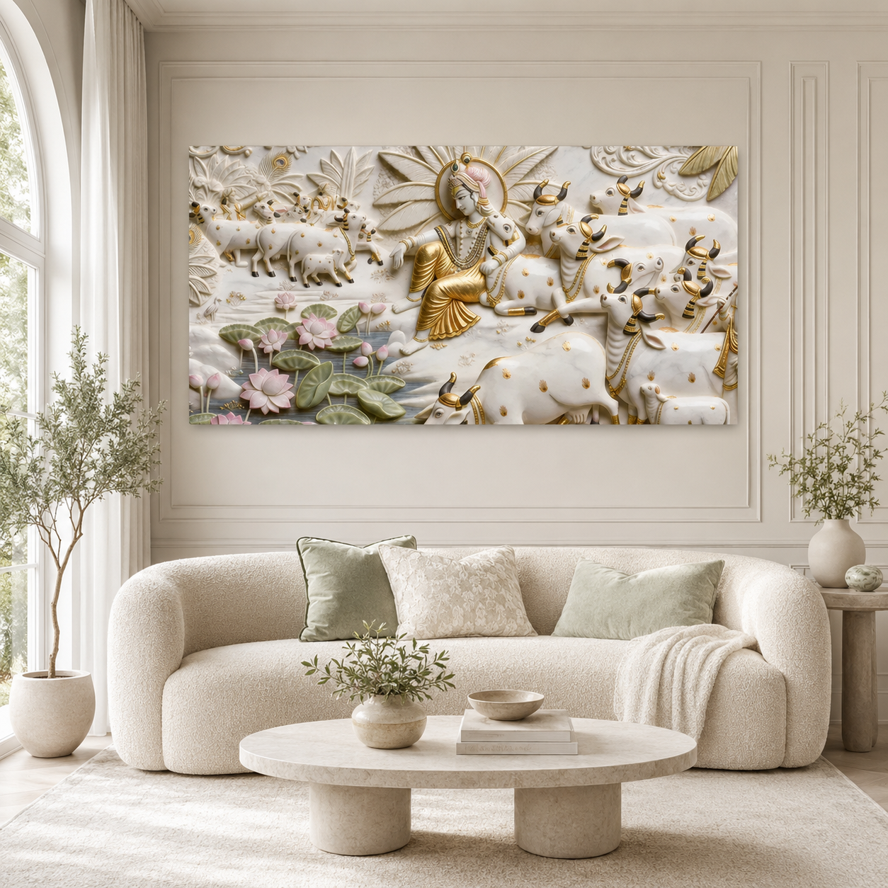 Divine 3D Krishna Cow Painting – Sacred Cows, Lotus Flowers & Gold Embossed Artwork