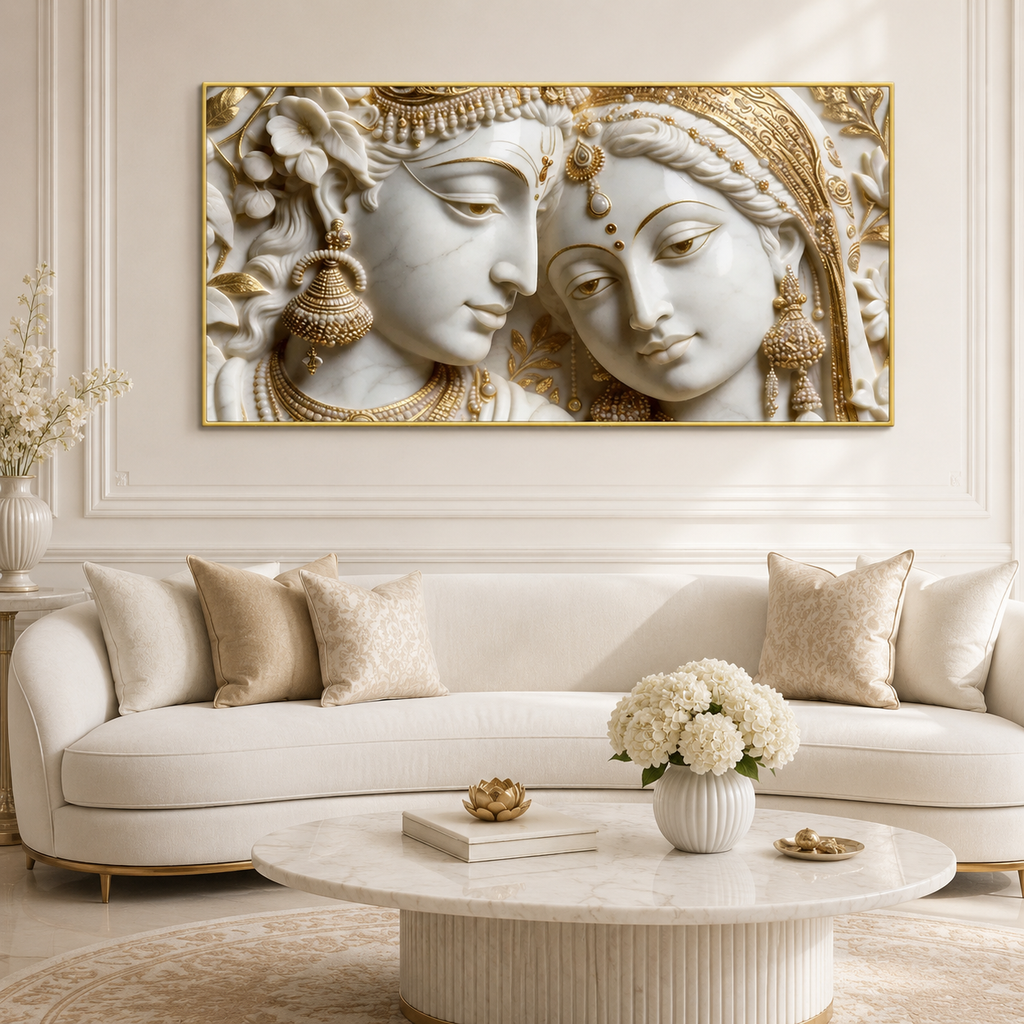 Luxury 3D Radha Krishna Wall Painting – Divine Couple in White & Gold Embossed Artwork