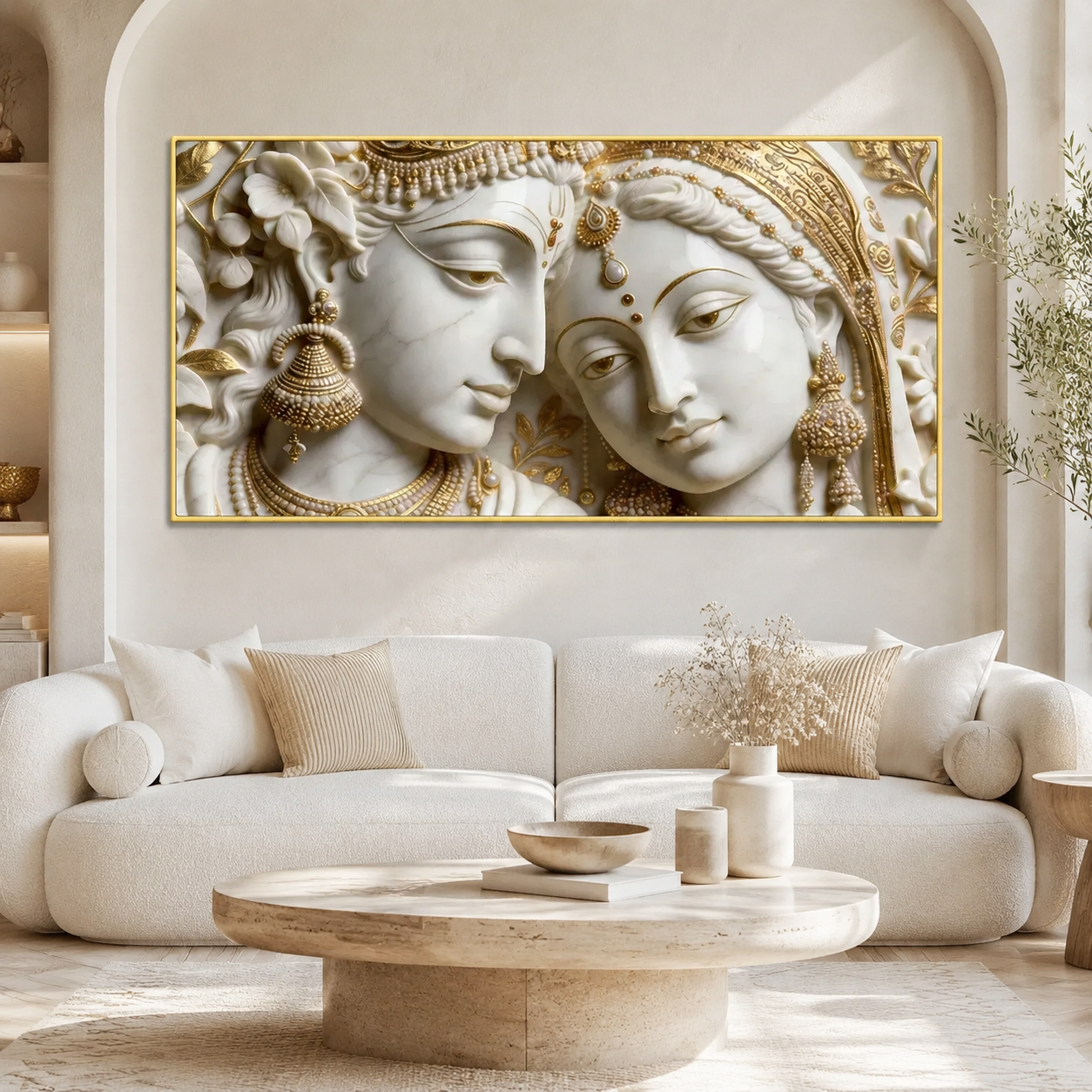 Luxury 3D Radha Krishna Wall Painting – Divine Couple in White & Gold Embossed Artwork