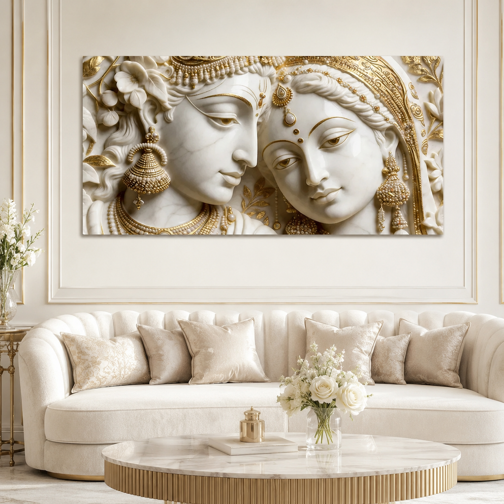 Luxury 3D Radha Krishna Wall Painting – Divine Couple in White & Gold Embossed Artwork