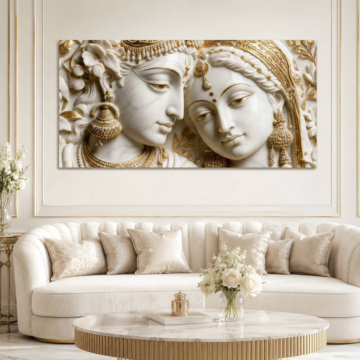 Luxury 3D Radha Krishna Wall Painting – Divine Couple in White & Gold Embossed Artwork