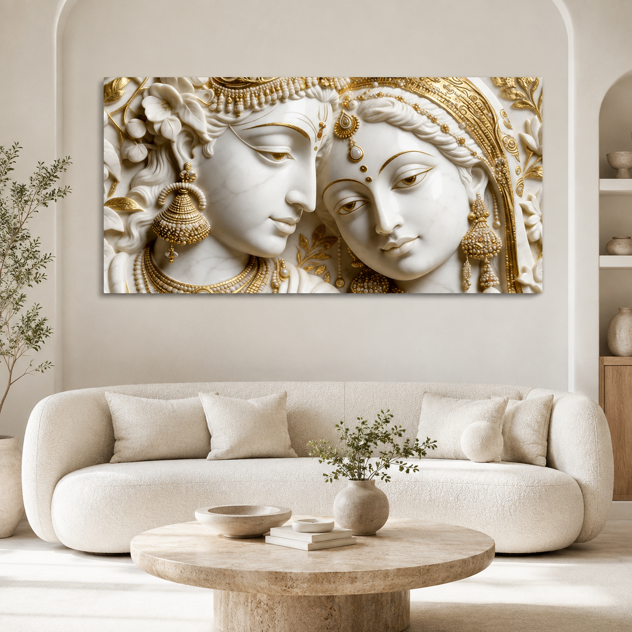 Luxury 3D Radha Krishna Wall Painting – Divine Couple in White & Gold Embossed Artwork