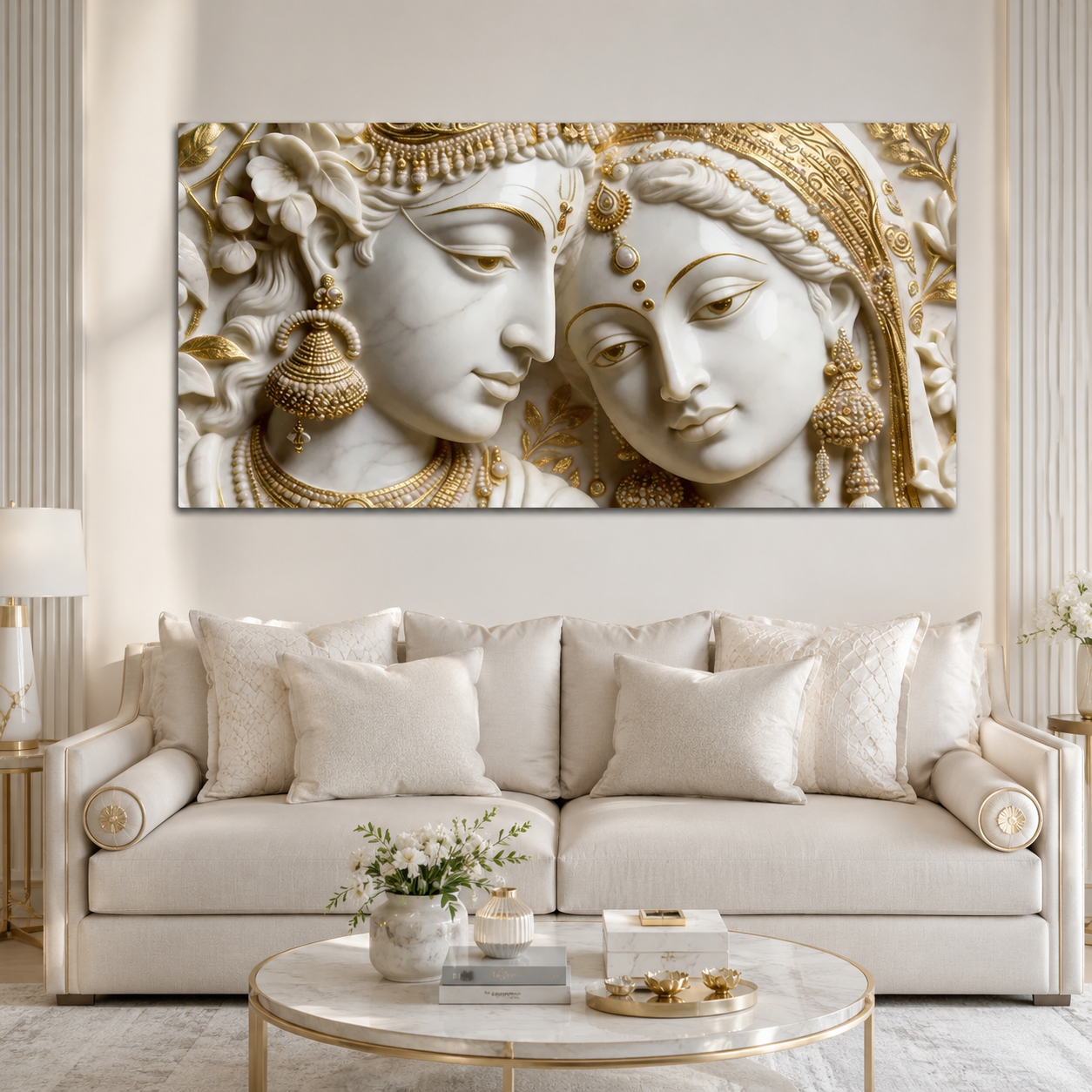 Luxury 3D Radha Krishna Wall Painting – Divine Couple in White & Gold Embossed Artwork