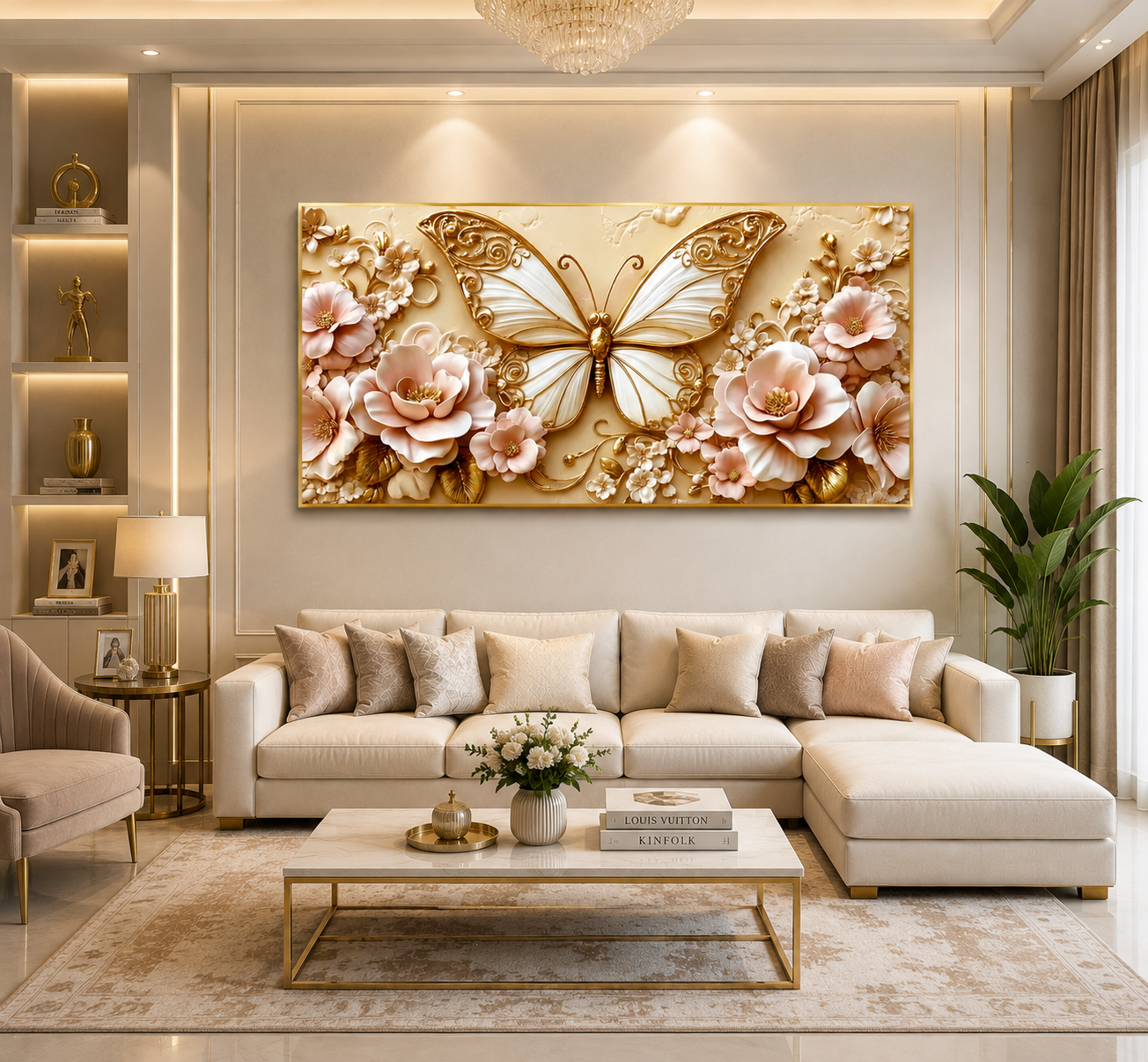 Luxury Golden Butterfly Wall Painting with Intricate Floral Details and Pink Blossoms