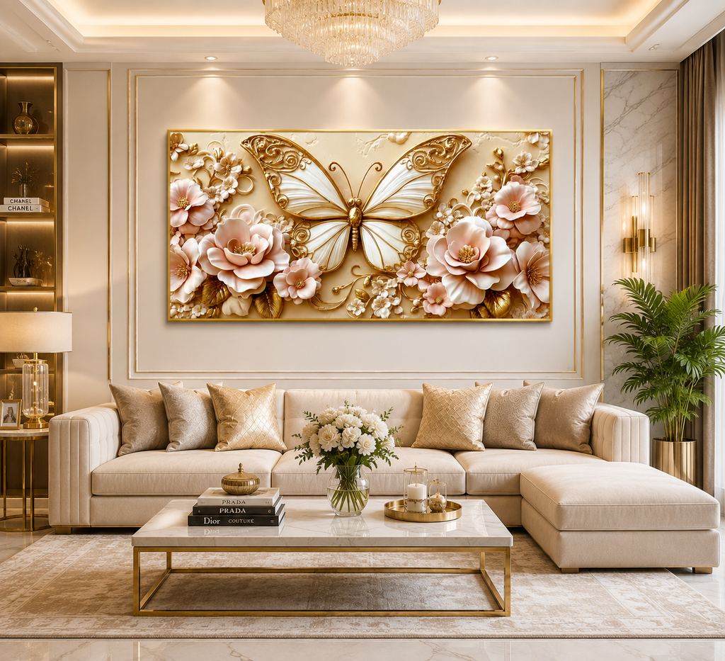 Luxury Golden Butterfly Wall Painting with Intricate Floral Details and Pink Blossoms