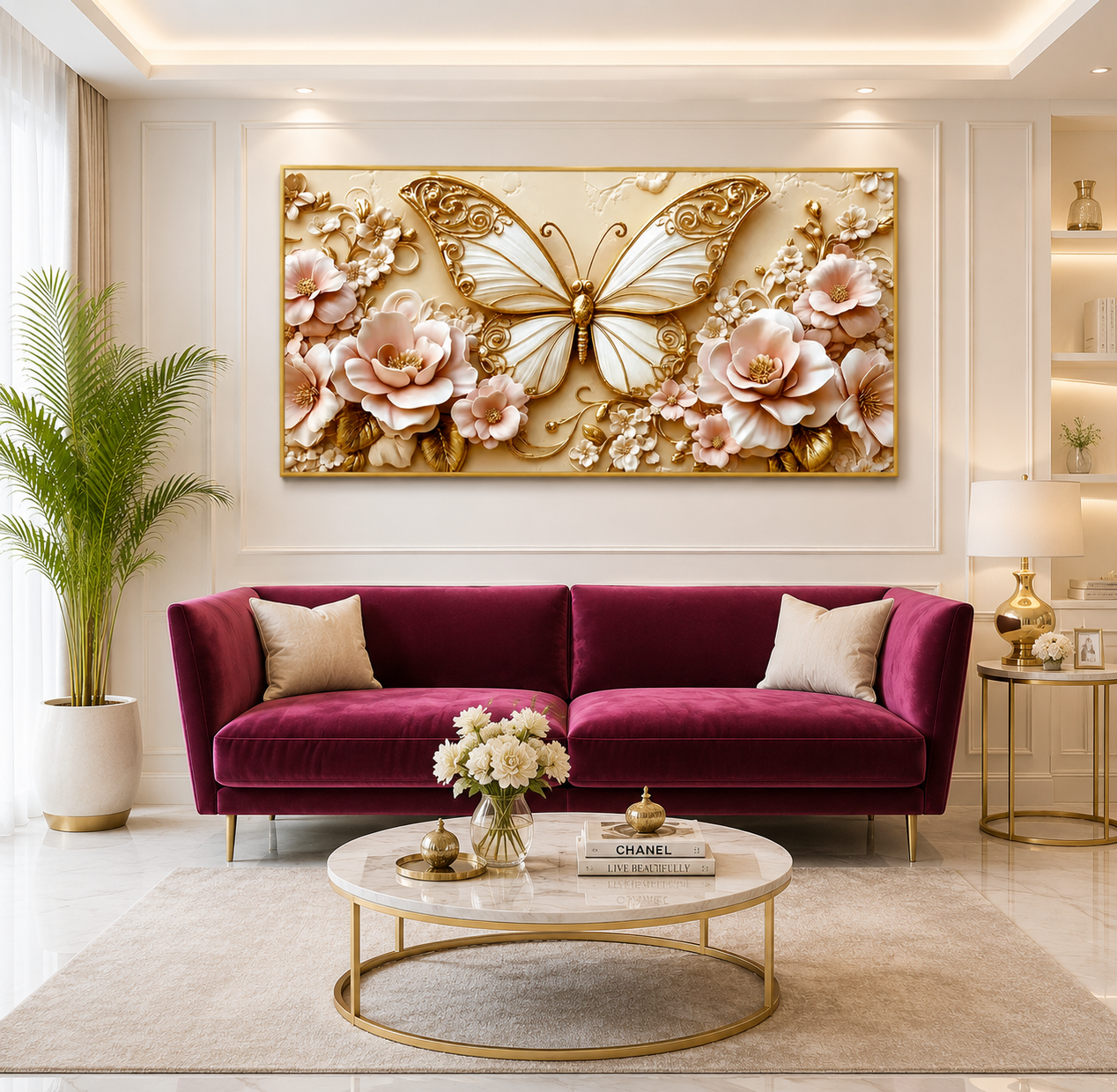 Luxury Golden Butterfly Wall Painting with Intricate Floral Details and Pink Blossoms