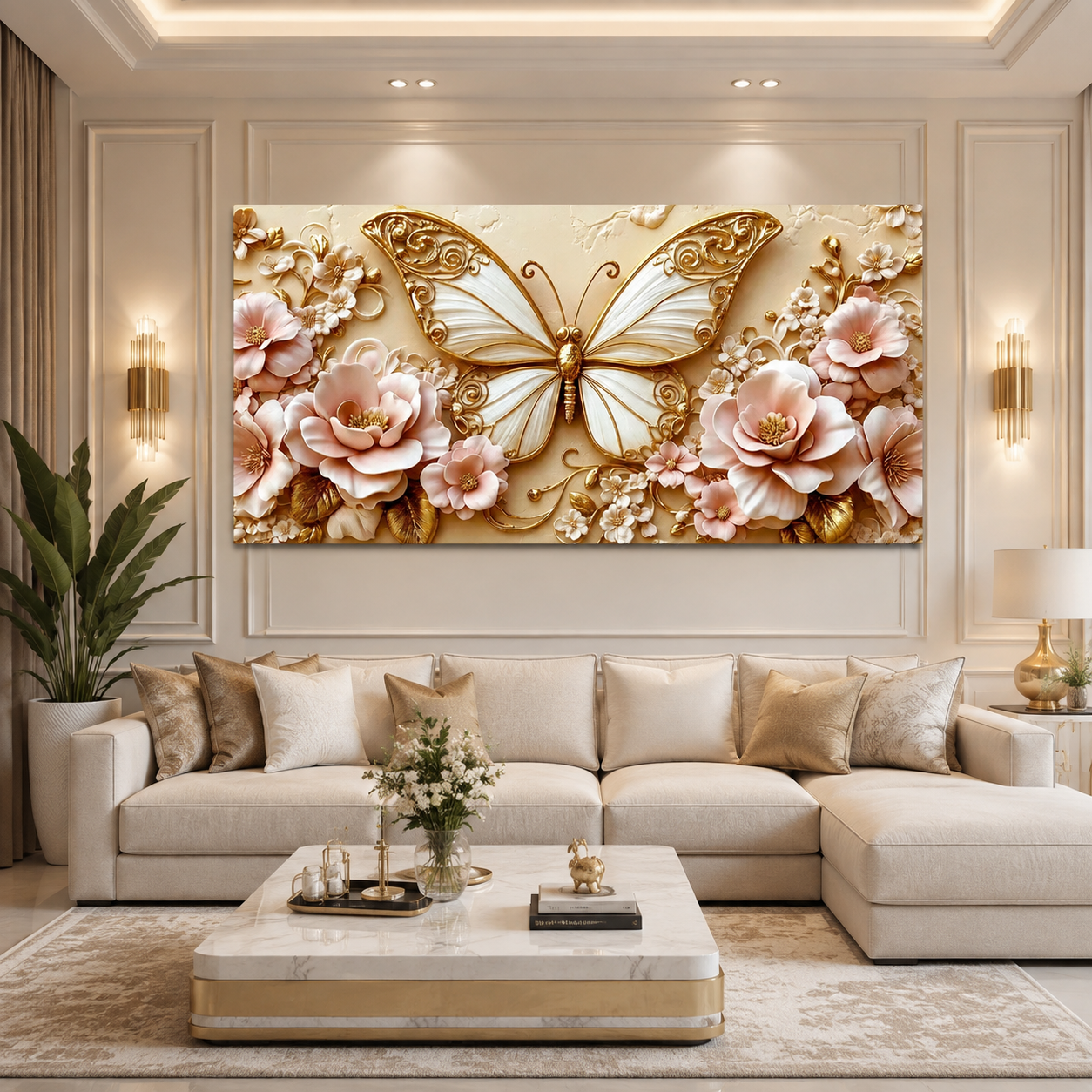 Luxury Golden Butterfly Wall Painting with Intricate Floral Details and Pink Blossoms