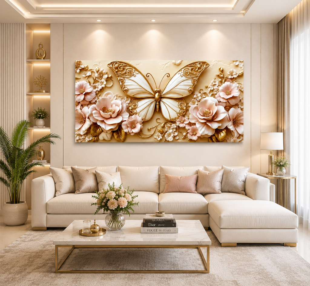 Luxury Golden Butterfly Wall Painting with Intricate Floral Details and Pink Blossoms