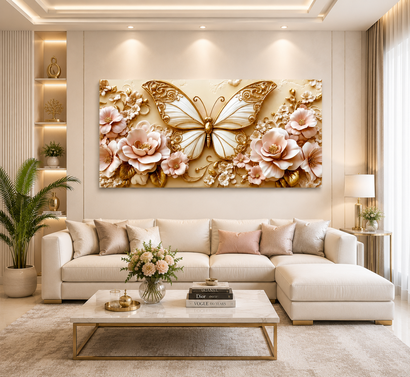 Luxury Golden Butterfly Wall Painting with Intricate Floral Details and Pink Blossoms