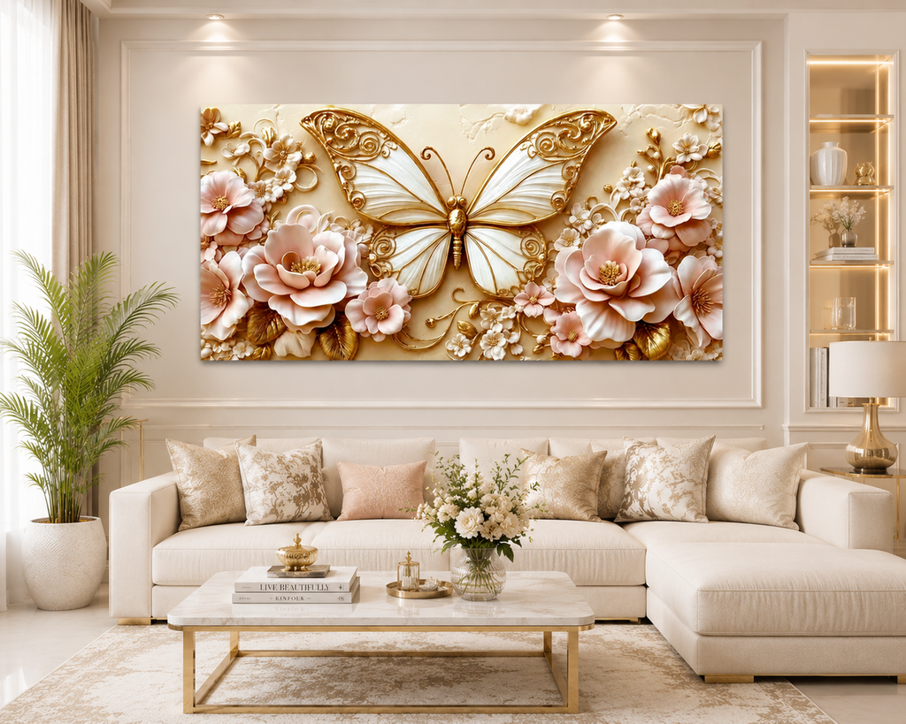 Luxury Golden Butterfly Wall Painting with Intricate Floral Details and Pink Blossoms