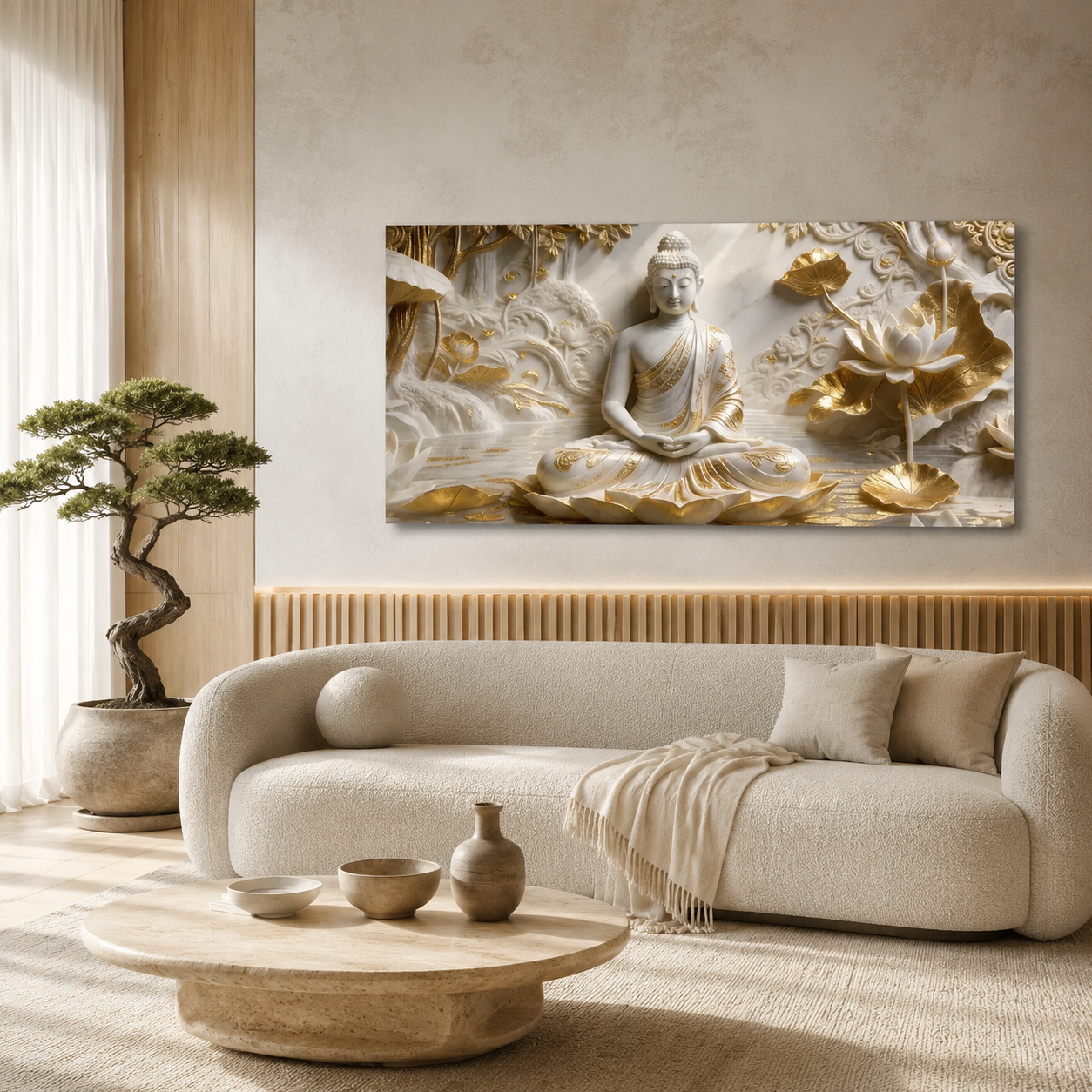Minimalist Luxury 3D Marble Texture Wall Art Golden Lotus Buddha Canvas Painting