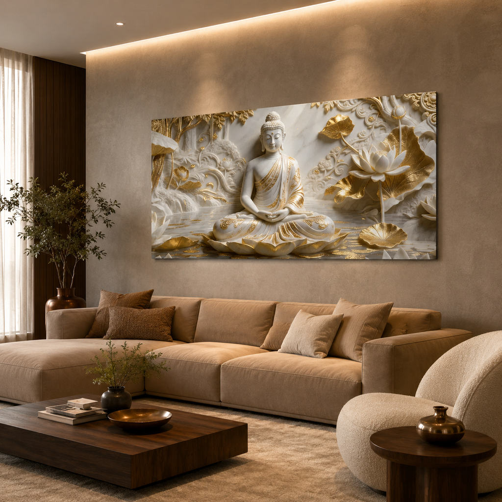 Minimalist Luxury 3D Marble Texture Wall Art Golden Lotus Buddha Canvas Painting