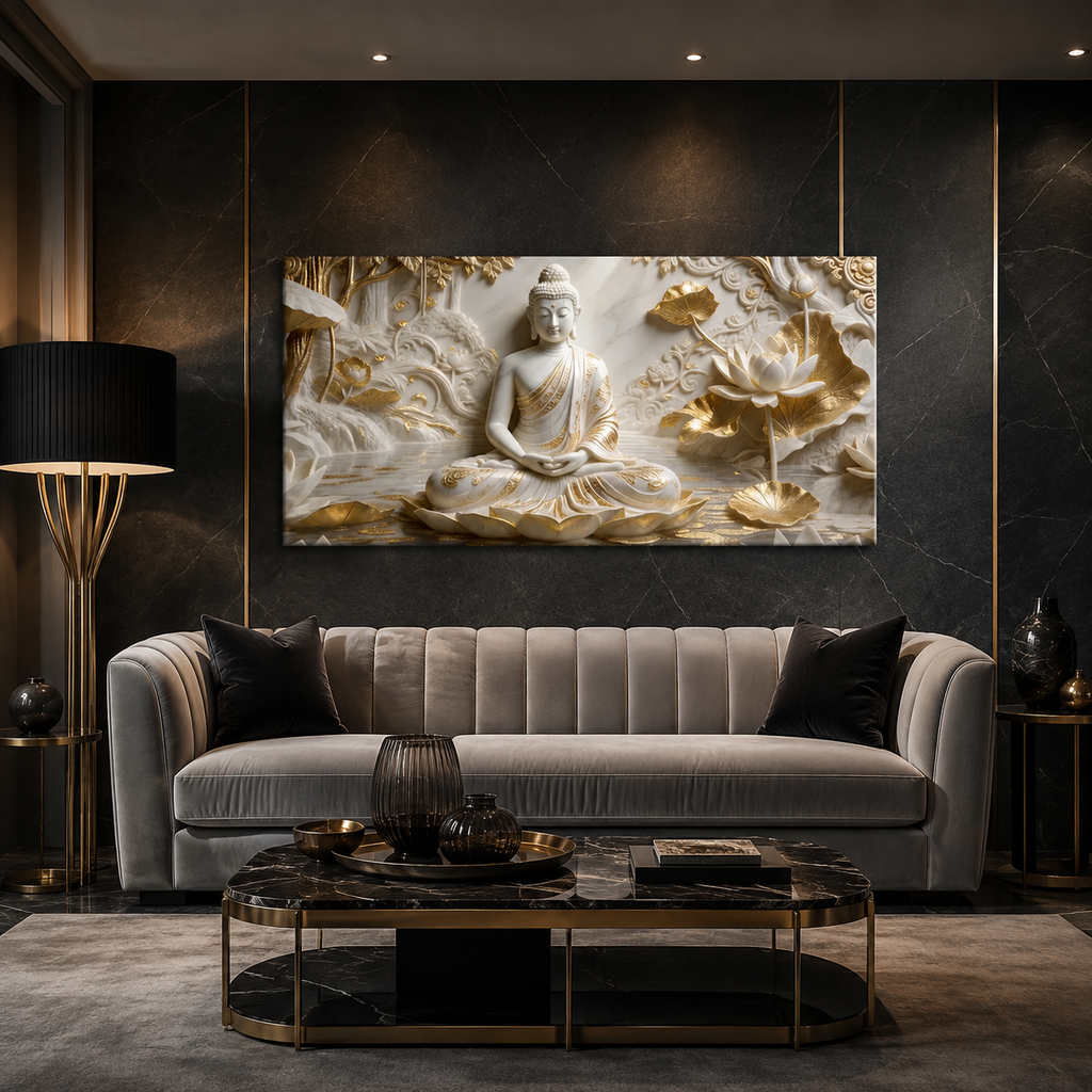 Minimalist Luxury 3D Marble Texture Wall Art Golden Lotus Buddha Canvas Painting