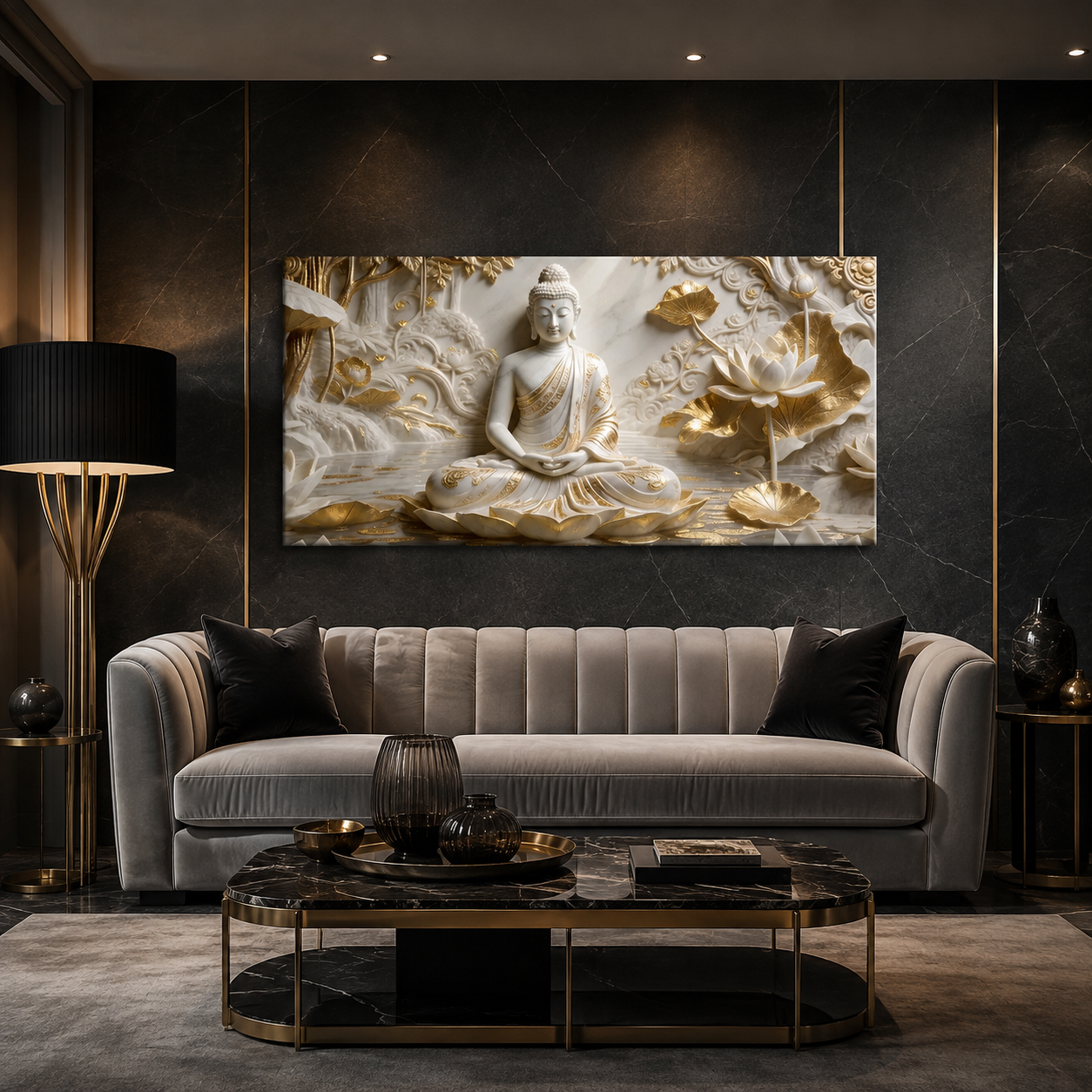 Minimalist Luxury 3D Marble Texture Wall Art Golden Lotus Buddha Canvas Painting
