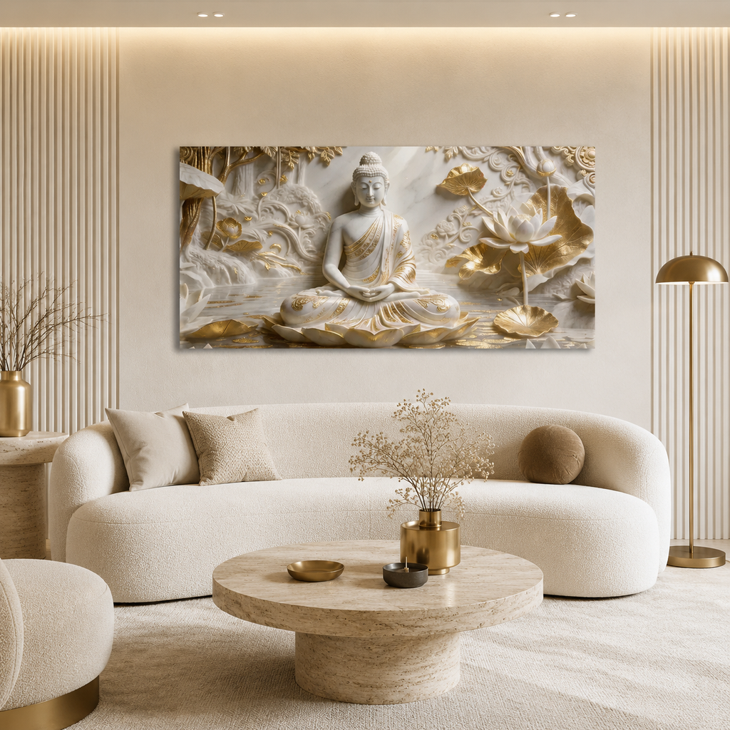 Minimalist Luxury 3D Marble Texture Wall Art Golden Lotus Buddha Canvas Painting