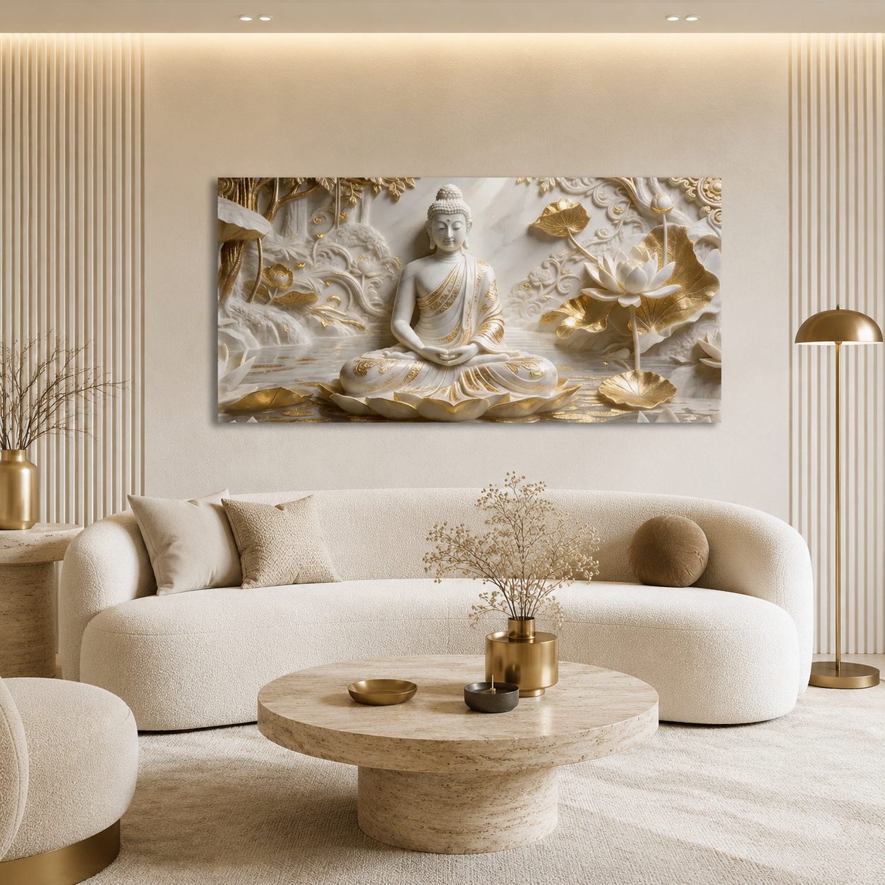 Minimalist Luxury 3D Marble Texture Wall Art Golden Lotus Buddha Canvas Painting