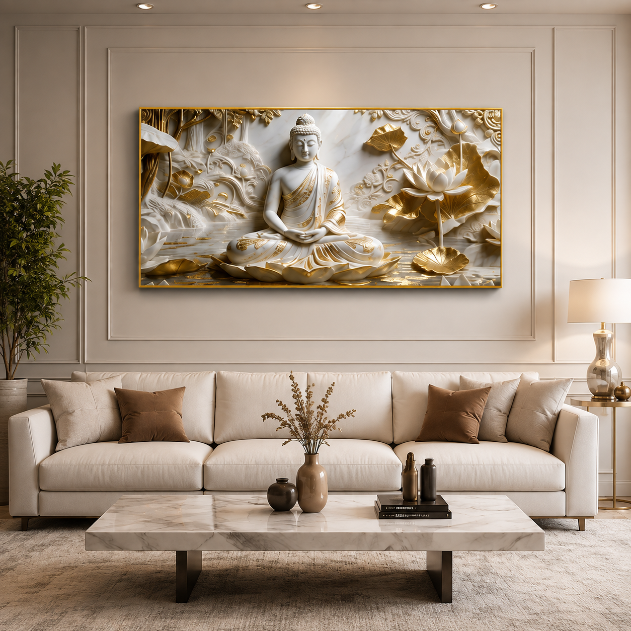 Minimalist Luxury 3D Marble Texture Wall Art Golden Lotus Buddha Canvas Painting