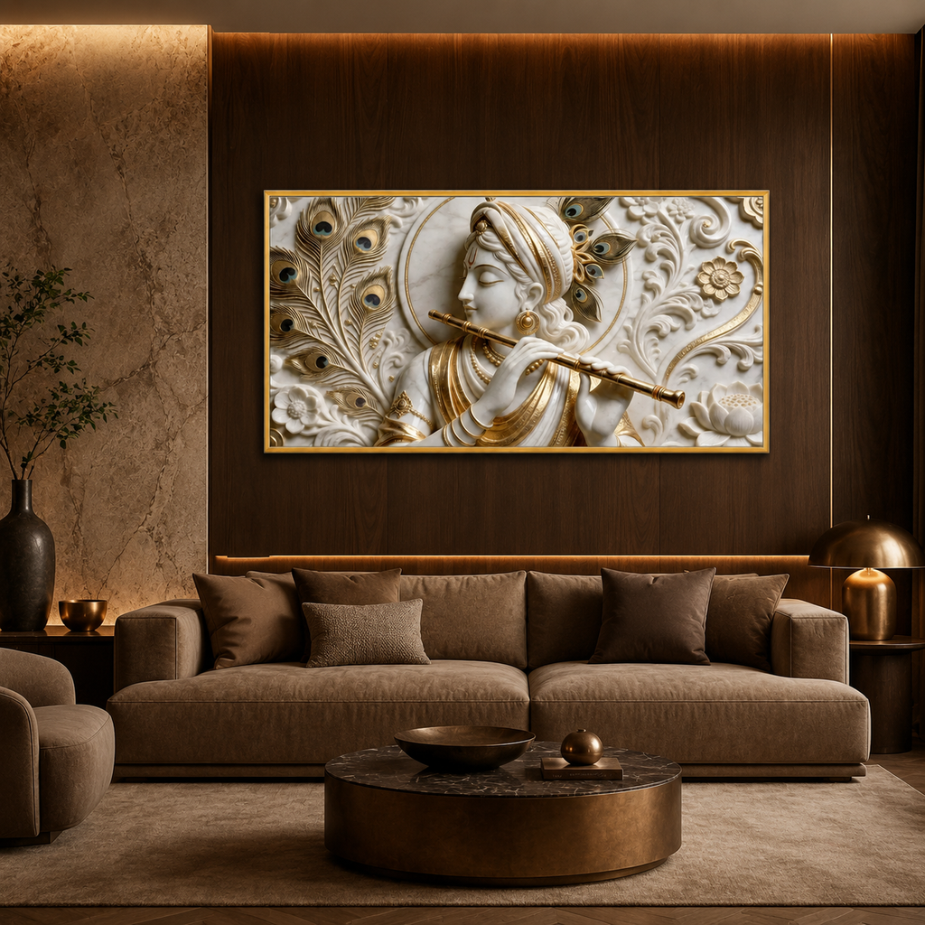 Modern Abstract 3D Gold Foil Divine Krishna Flute Canvas Painting Framed Wall Art