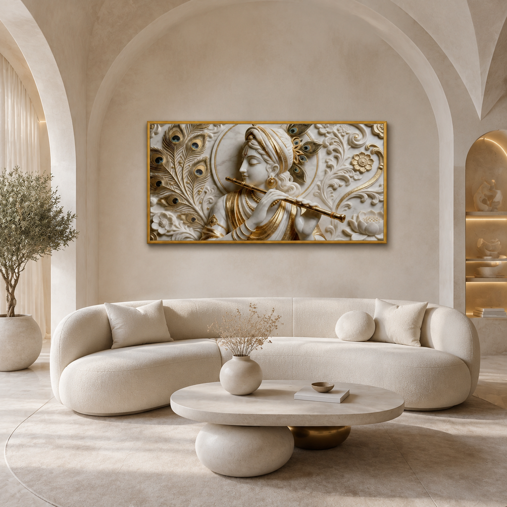 Modern Abstract 3D Gold Foil Divine Krishna Flute Canvas Painting Framed Wall Art