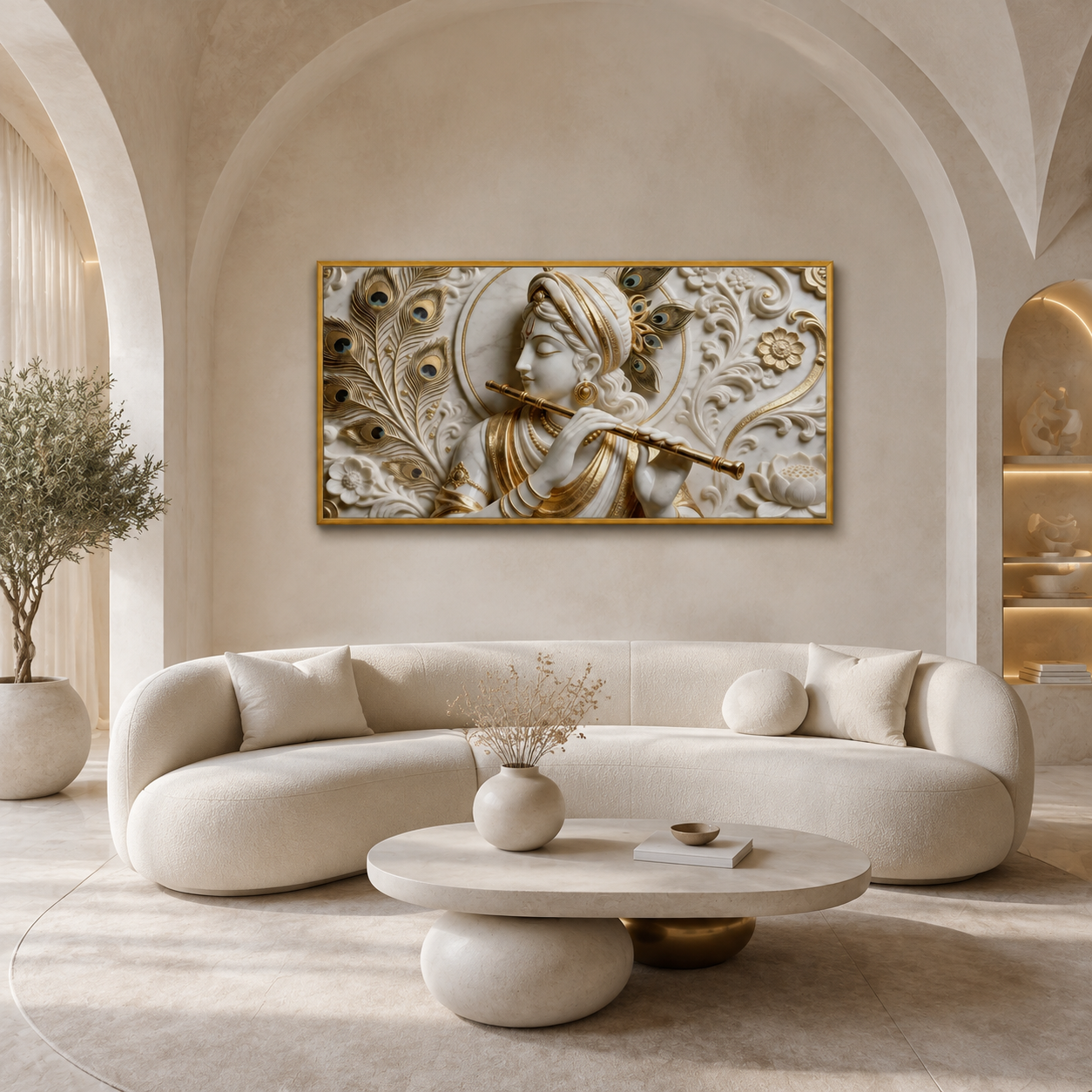 Modern Abstract 3D Gold Foil Divine Krishna Flute Canvas Painting Framed Wall Art