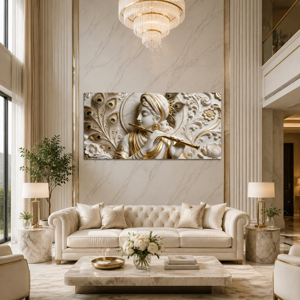 Modern Abstract 3D Gold Foil Divine Krishna Flute Canvas Painting Framed Wall Art