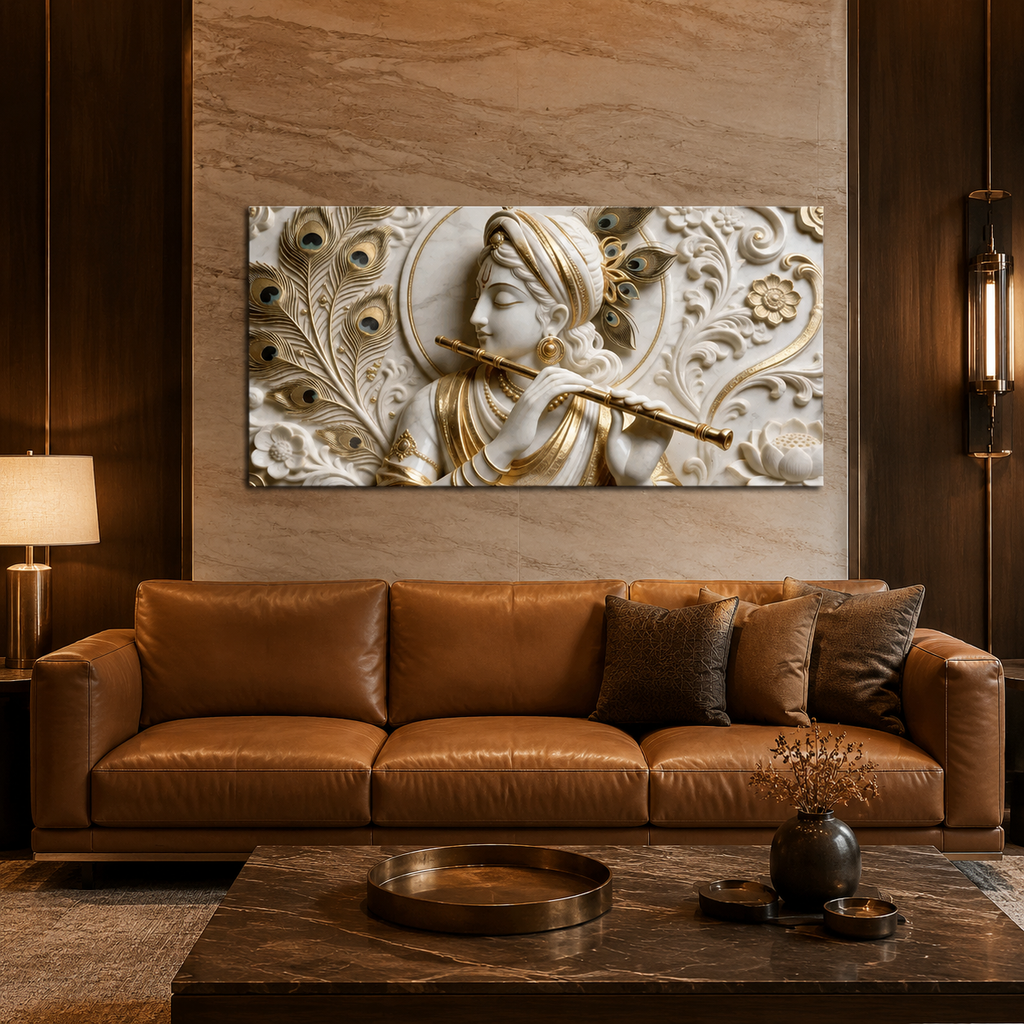 Modern Abstract 3D Gold Foil Divine Krishna Flute Canvas Painting Framed Wall Art