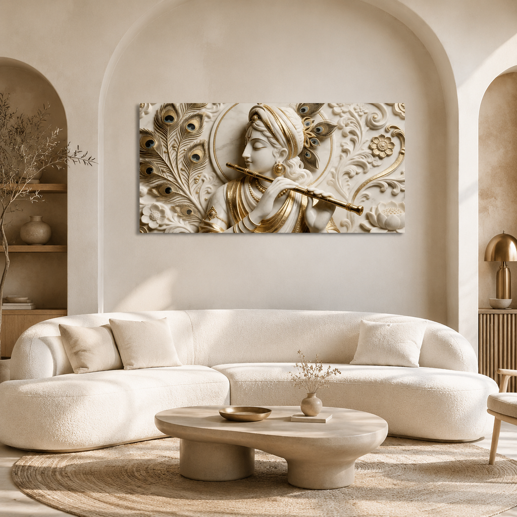 Modern Abstract 3D Gold Foil Divine Krishna Flute Canvas Painting Framed Wall Art