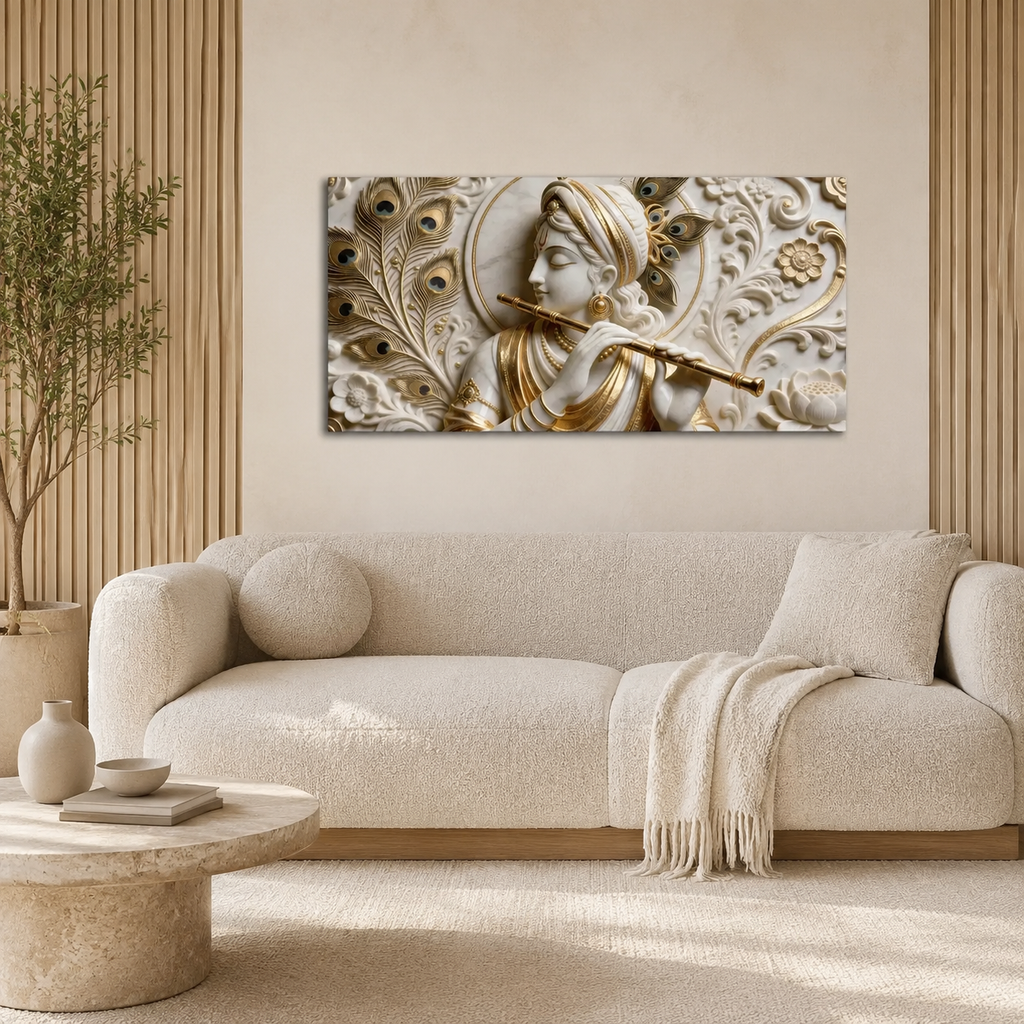Modern Abstract 3D Gold Foil Divine Krishna Flute Canvas Painting Framed Wall Art
