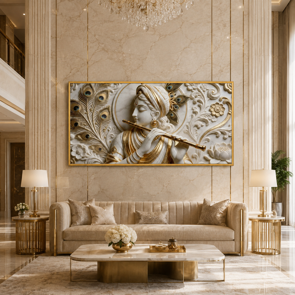 Modern Abstract 3D Gold Foil Divine Krishna Flute Canvas Painting Framed Wall Art