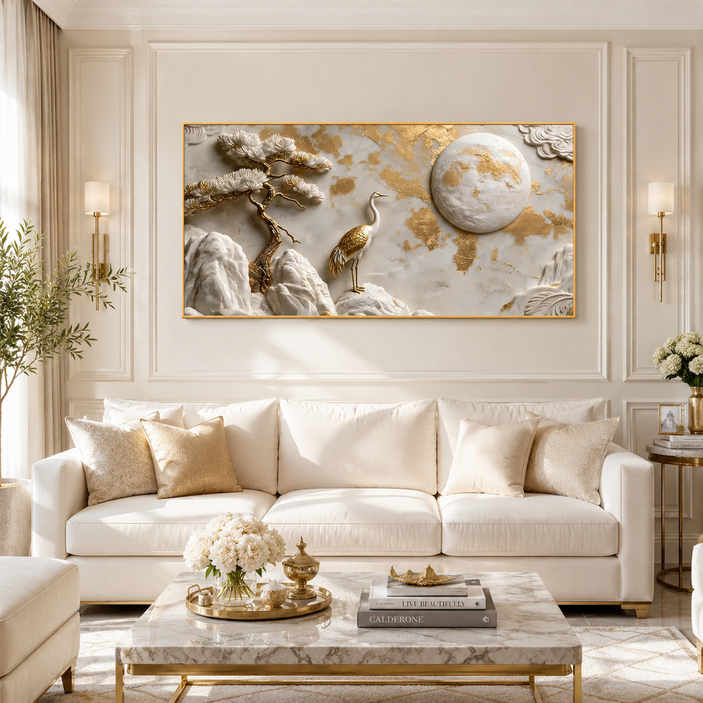 Auspicious 3D Golden Crane and Pine Tree Canvas Painting High End Feng Shui Wall Decor for Living Room