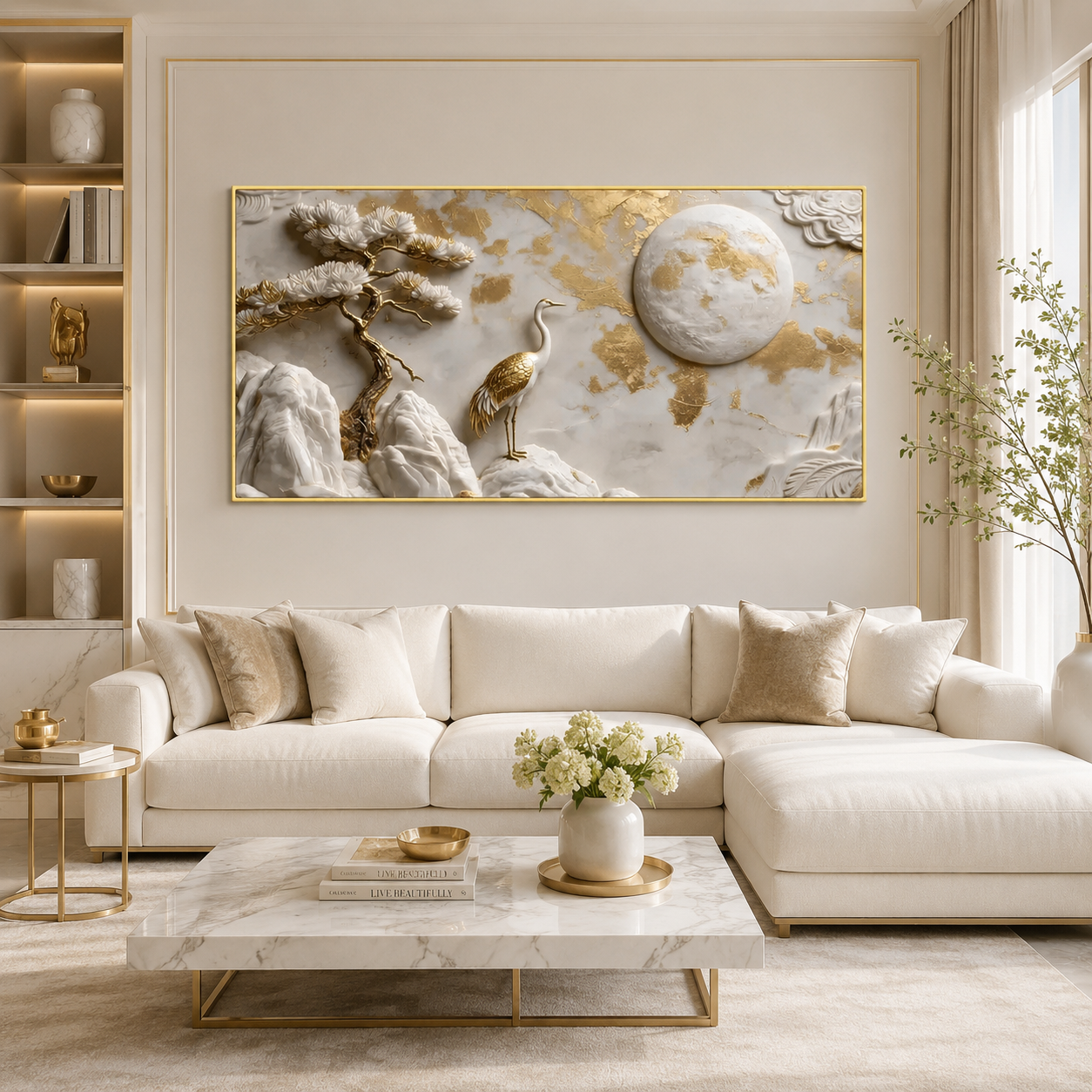 Auspicious 3D Golden Crane and Pine Tree Canvas Painting High End Feng Shui Wall Decor for Living Room
