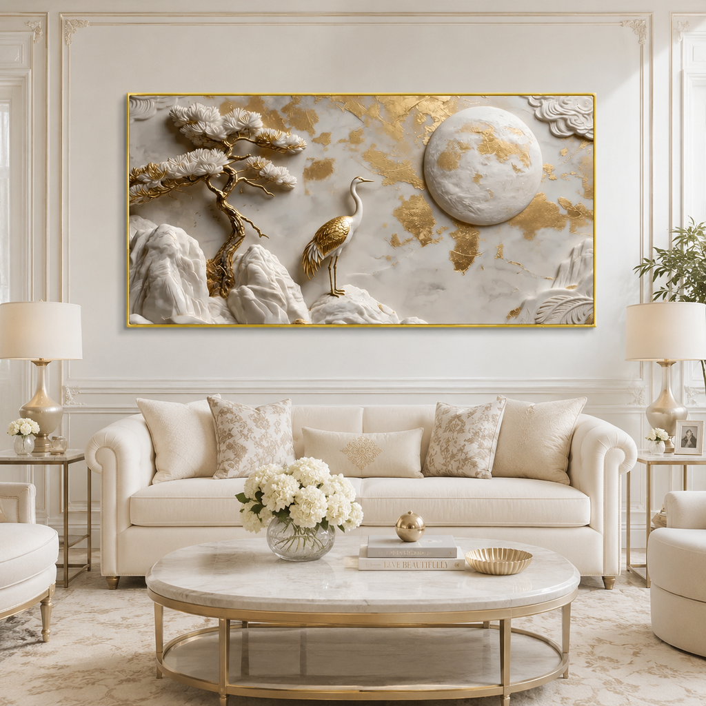 Auspicious 3D Golden Crane and Pine Tree Canvas Painting High End Feng Shui Wall Decor for Living Room