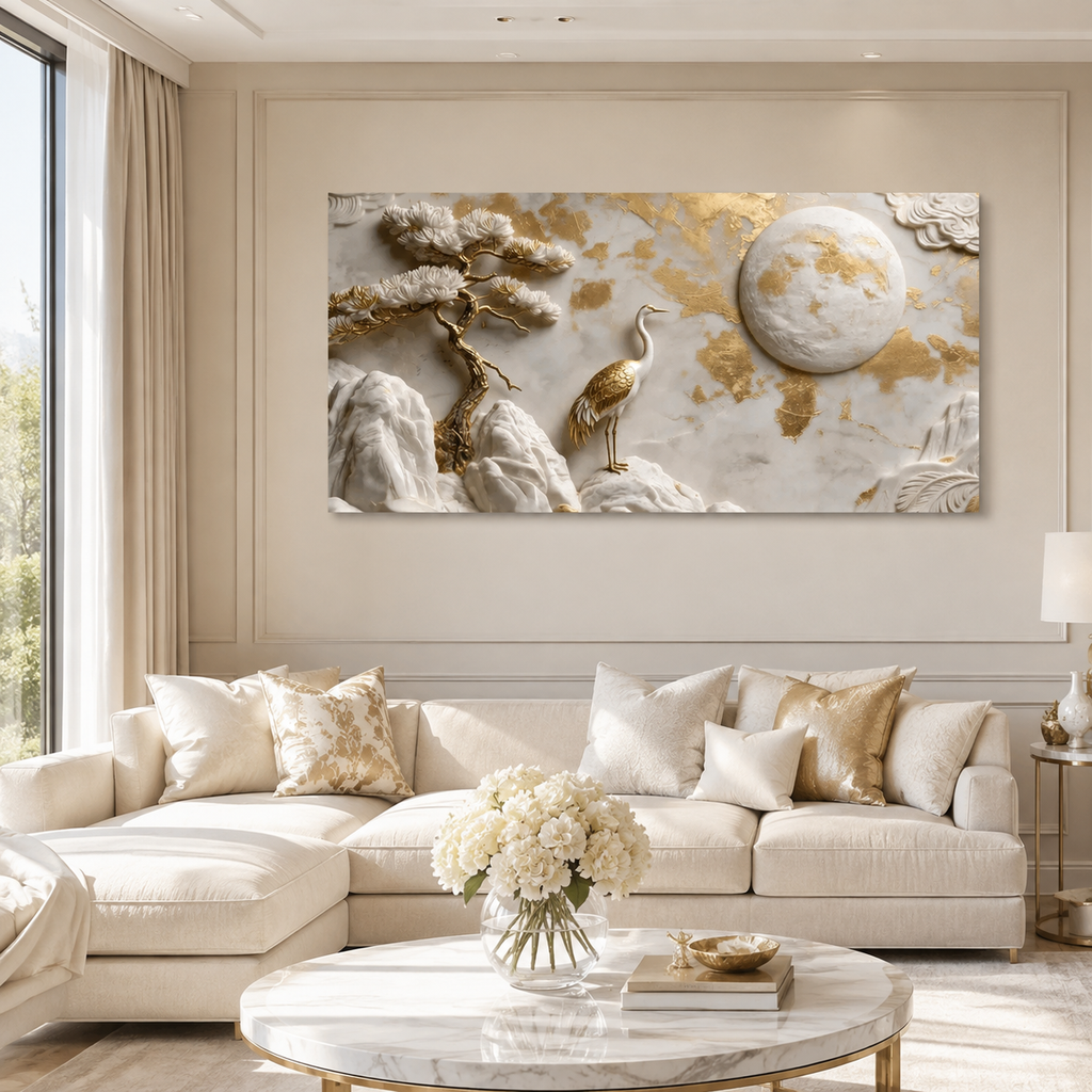 Auspicious 3D Golden Crane and Pine Tree Canvas Painting High End Feng Shui Wall Decor for Living Room