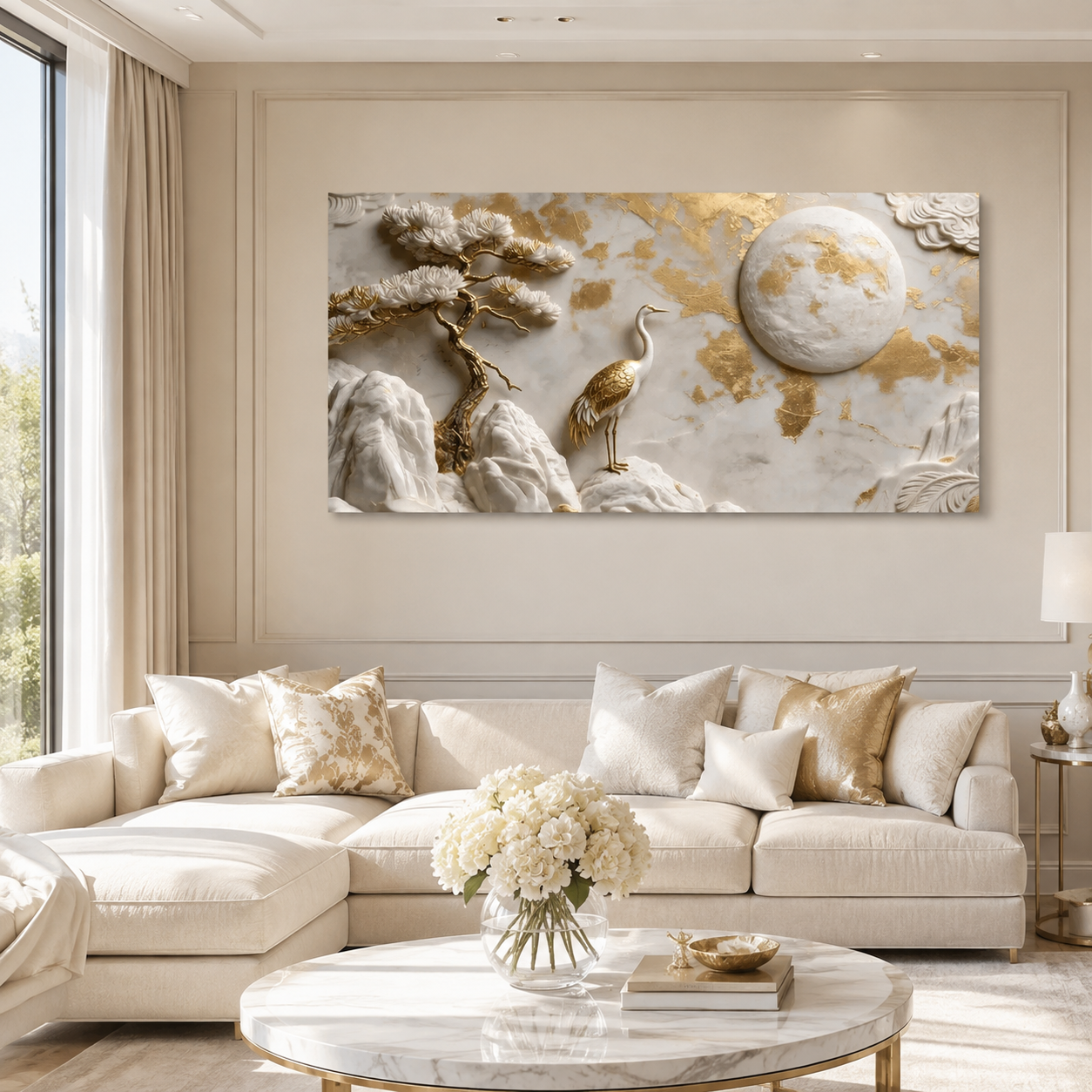 Auspicious 3D Golden Crane and Pine Tree Canvas Painting High End Feng Shui Wall Decor for Living Room