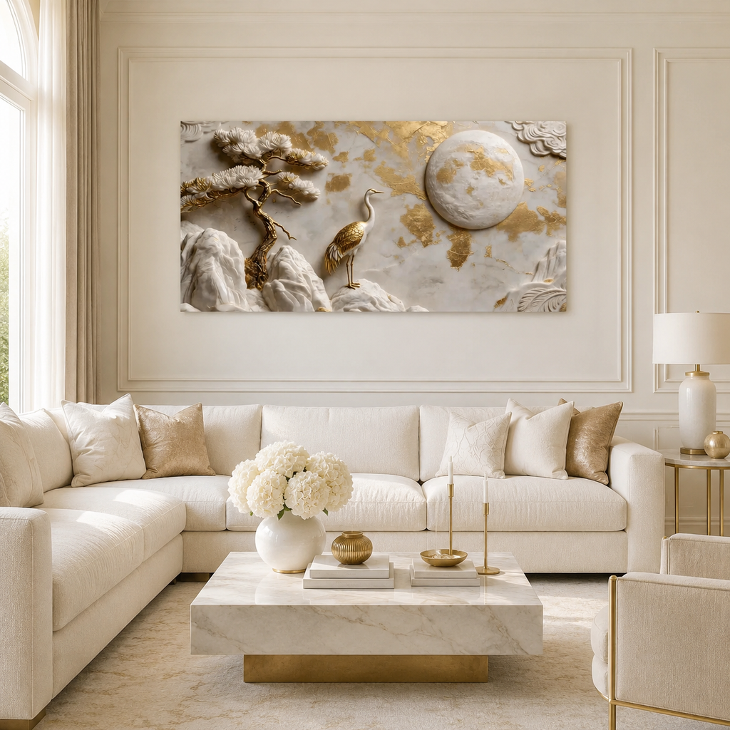 Auspicious 3D Golden Crane and Pine Tree Canvas Painting High End Feng Shui Wall Decor for Living Room