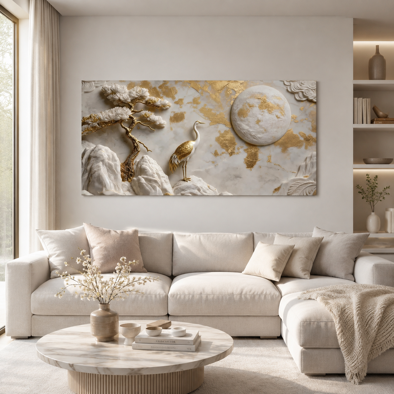 Auspicious 3D Golden Crane and Pine Tree Canvas Painting High End Feng Shui Wall Decor for Living Room