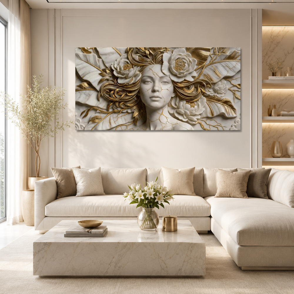 Modern Luxury 3D Surreal Woman Face Wall Decor Sculpted Relief Canvas Painting for Living Room