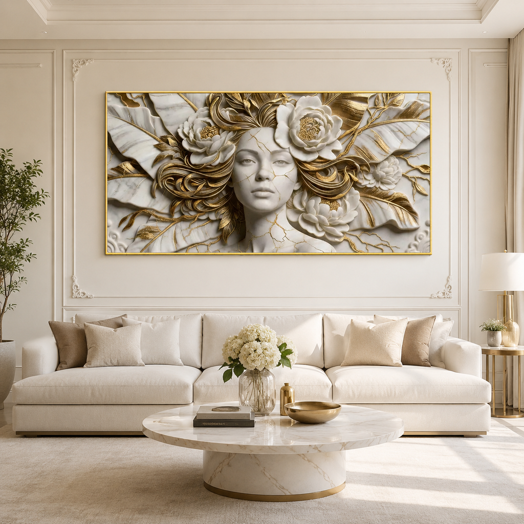Modern Luxury 3D Surreal Woman Face Wall Decor Sculpted Relief Canvas Painting for Living Room