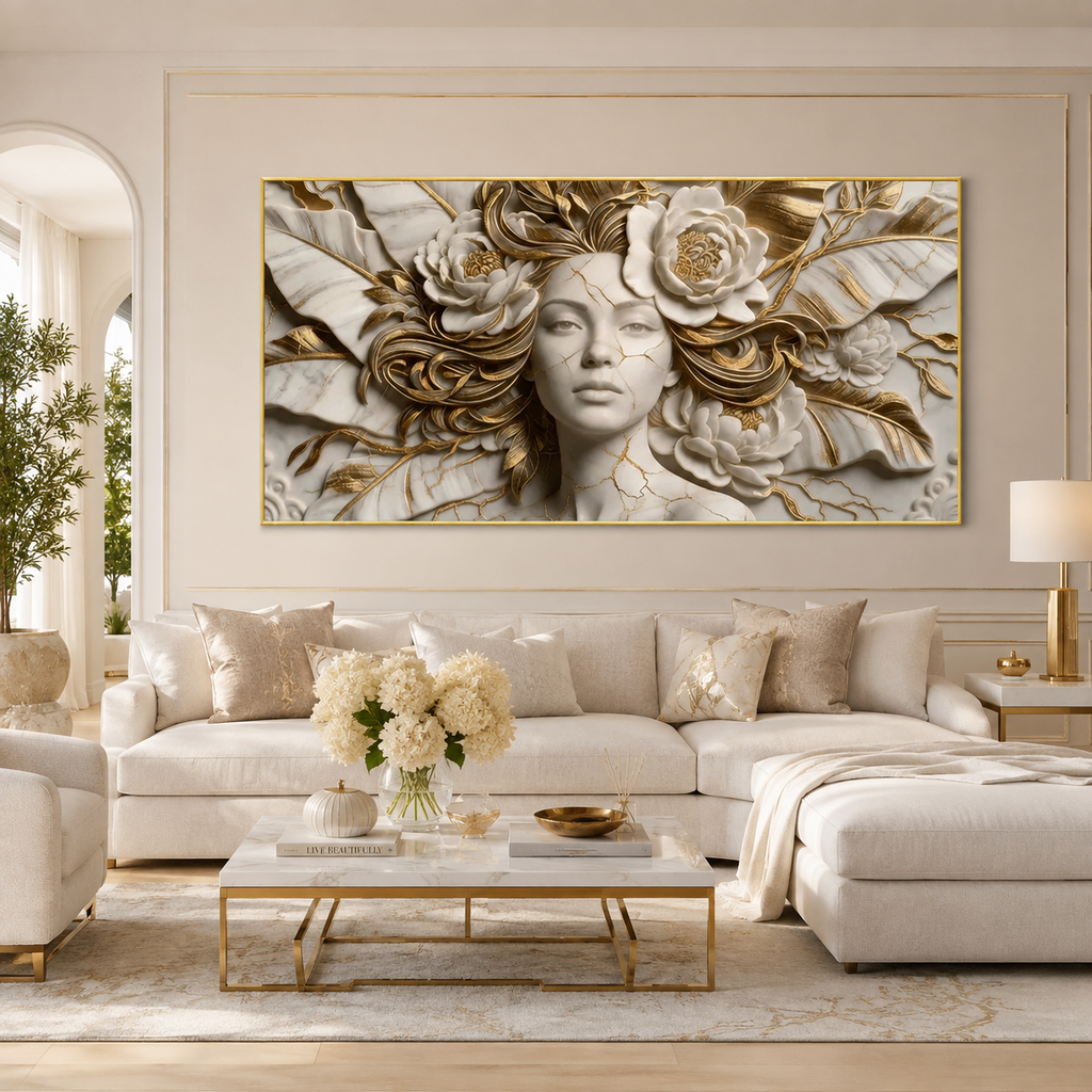 Modern Luxury 3D Surreal Woman Face Wall Decor Sculpted Relief Canvas Painting for Living Room